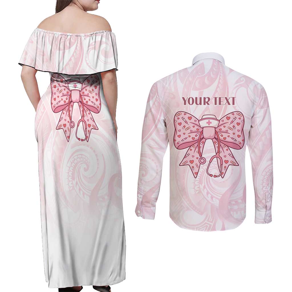 New Zealand Nurses RN Personalised Couples Matching Off Shoulder Maxi Dress and Long Sleeve Button Shirt Pink Stethoscope Coquette Bow Maori Motif