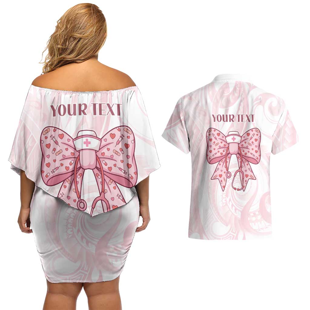 New Zealand Nurses RN Personalised Couples Matching Off Shoulder Short Dress and Hawaiian Shirt Pink Stethoscope Coquette Bow Maori Motif