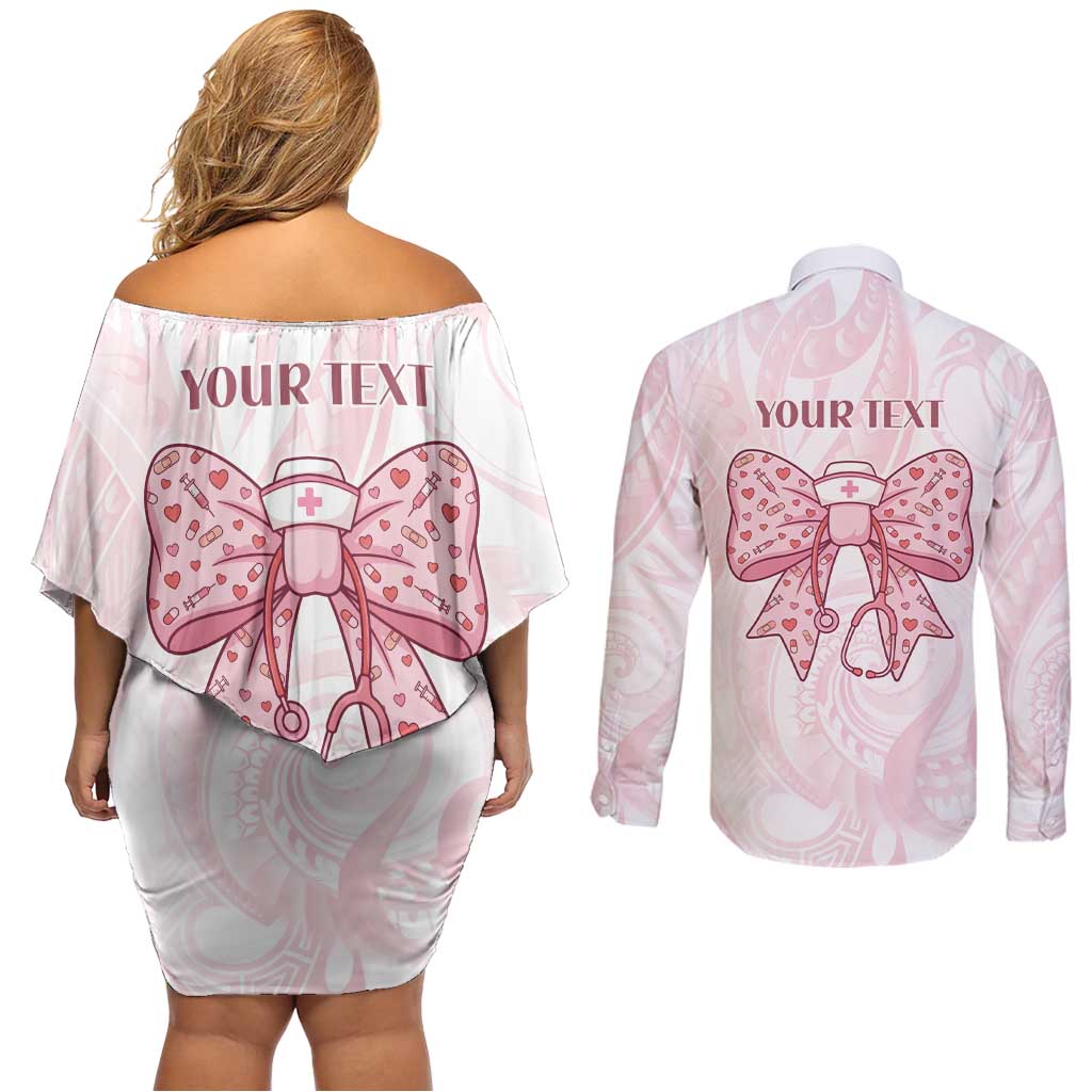 New Zealand Nurses RN Personalised Couples Matching Off Shoulder Short Dress and Long Sleeve Button Shirt Pink Stethoscope Coquette Bow Maori Motif LT9 - Polynesian Pride