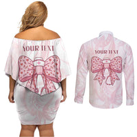 New Zealand Nurses RN Personalised Couples Matching Off Shoulder Short Dress and Long Sleeve Button Shirt Pink Stethoscope Coquette Bow Maori Motif LT9 - Polynesian Pride