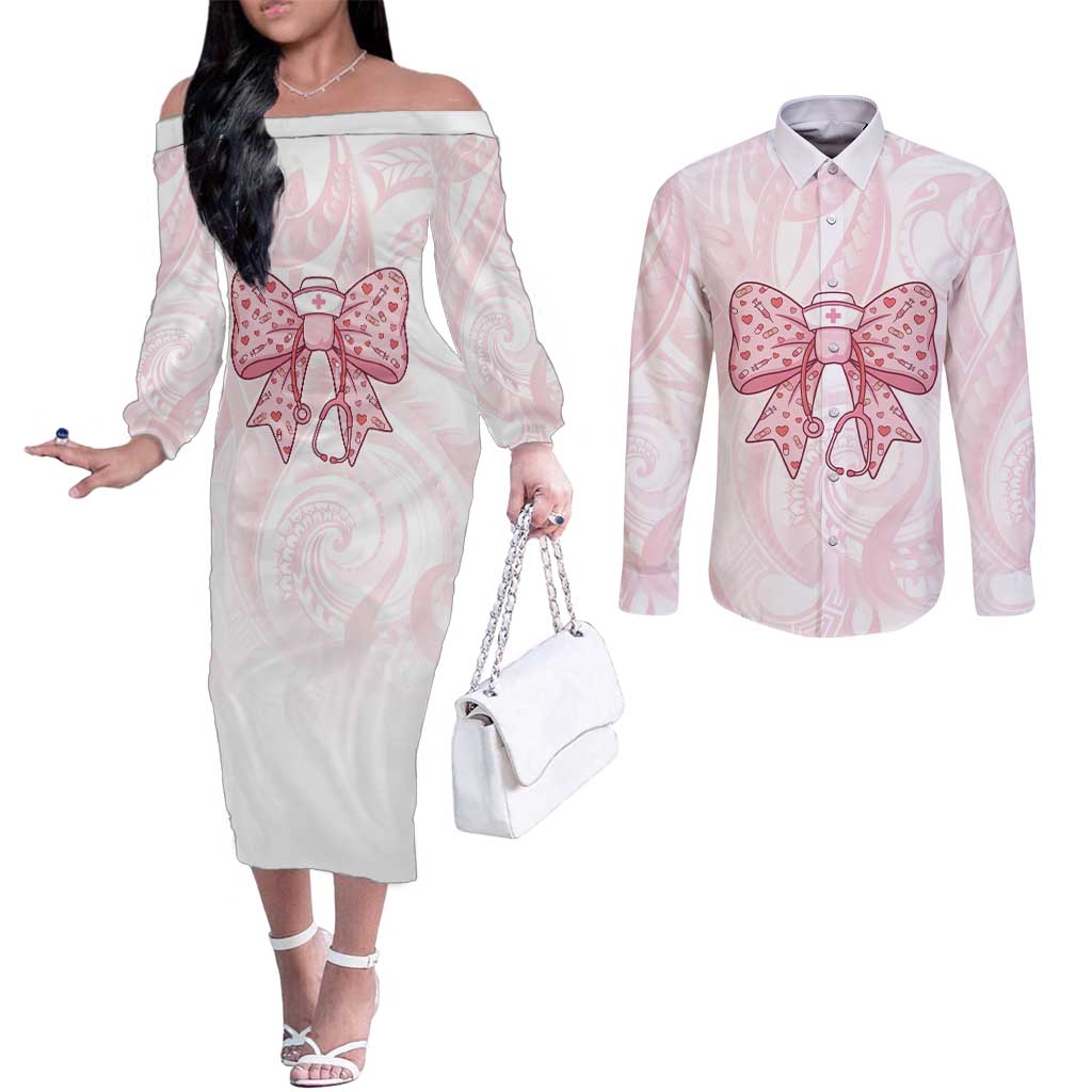New Zealand Nurses RN Personalised Couples Matching Off The Shoulder Long Sleeve Dress and Long Sleeve Button Shirt Pink Stethoscope Coquette Bow Maori Motif