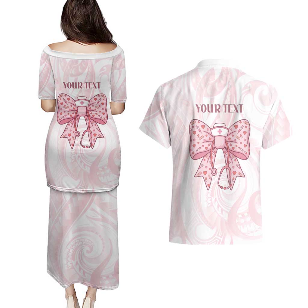 New Zealand Nurses RN Personalised Couples Matching Puletasi and Hawaiian Shirt Pink Stethoscope Coquette Bow Maori Motif