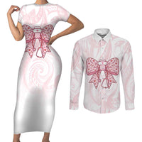 New Zealand Nurses RN Personalised Couples Matching Short Sleeve Bodycon Dress and Long Sleeve Button Shirt Pink Stethoscope Coquette Bow Maori Motif LT9 Pink - Polynesian Pride