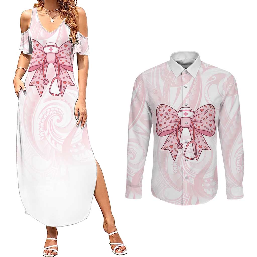 New Zealand Nurses RN Personalised Couples Matching Summer Maxi Dress and Long Sleeve Button Shirt Pink Stethoscope Coquette Bow Maori Motif