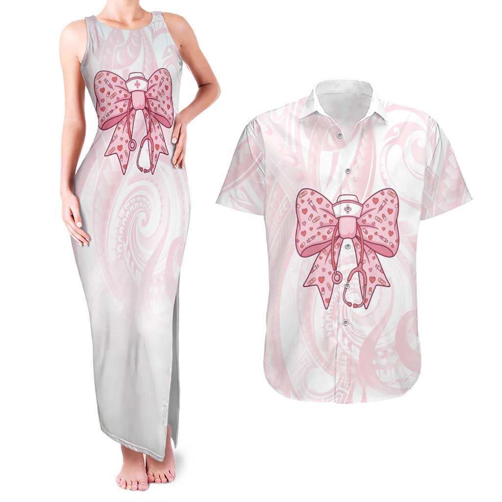 New Zealand Nurses RN Personalised Couples Matching Tank Maxi Dress and Hawaiian Shirt Pink Stethoscope Coquette Bow Maori Motif
