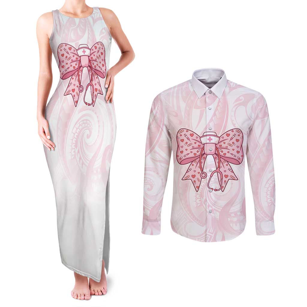 New Zealand Nurses RN Personalised Couples Matching Tank Maxi Dress and Long Sleeve Button Shirt Pink Stethoscope Coquette Bow Maori Motif