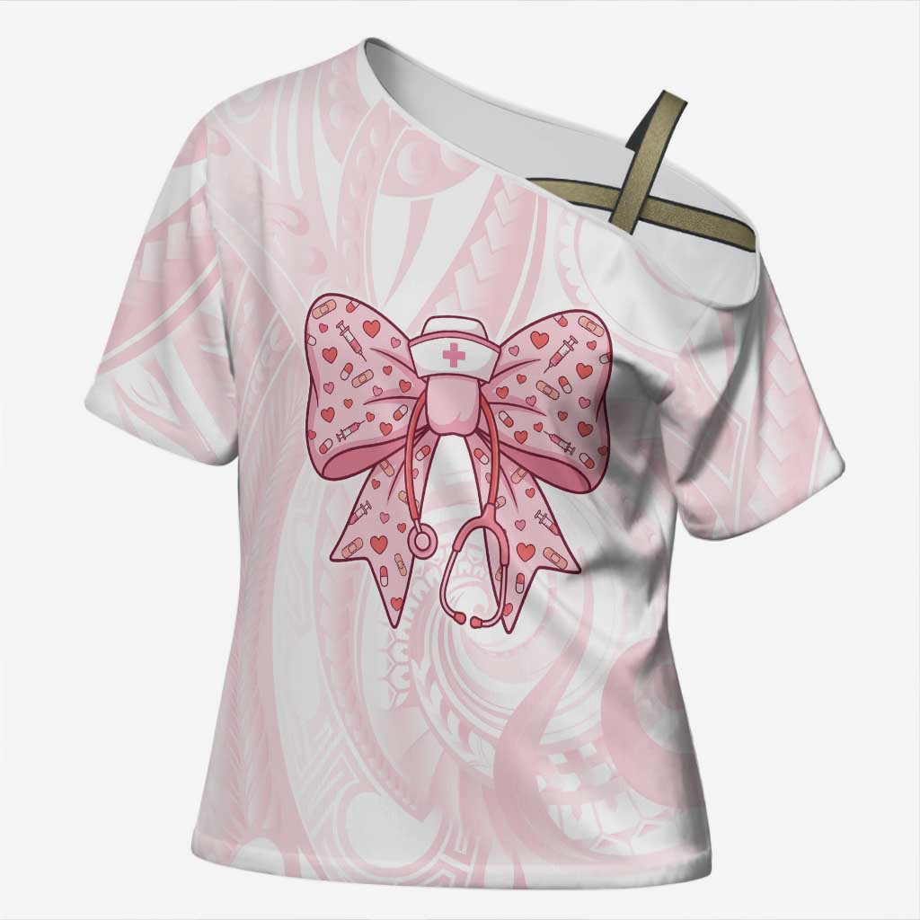 New Zealand Nurses RN Personalised Cross Shoulder Shirt Pink Stethoscope Coquette Bow Maori Motif
