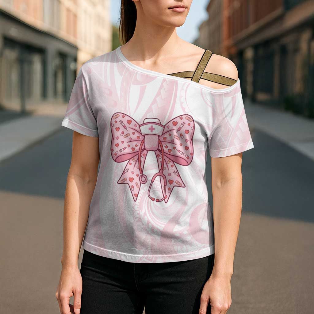 New Zealand Nurses RN Personalised Cross Shoulder Shirt Pink Stethoscope Coquette Bow Maori Motif