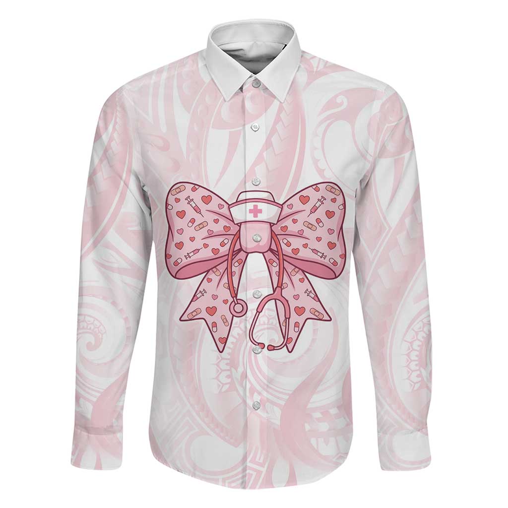 New Zealand Nurses RN Personalised Family Matching Long Sleeve Bodycon Dress and Hawaiian Shirt Pink Stethoscope Coquette Bow Maori Motif