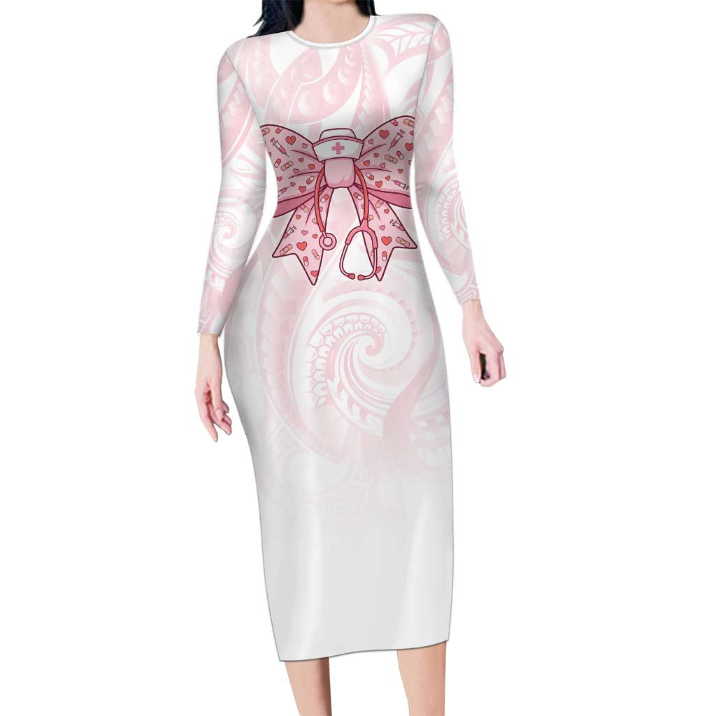 New Zealand Nurses RN Personalised Family Matching Long Sleeve Bodycon Dress and Hawaiian Shirt Pink Stethoscope Coquette Bow Maori Motif