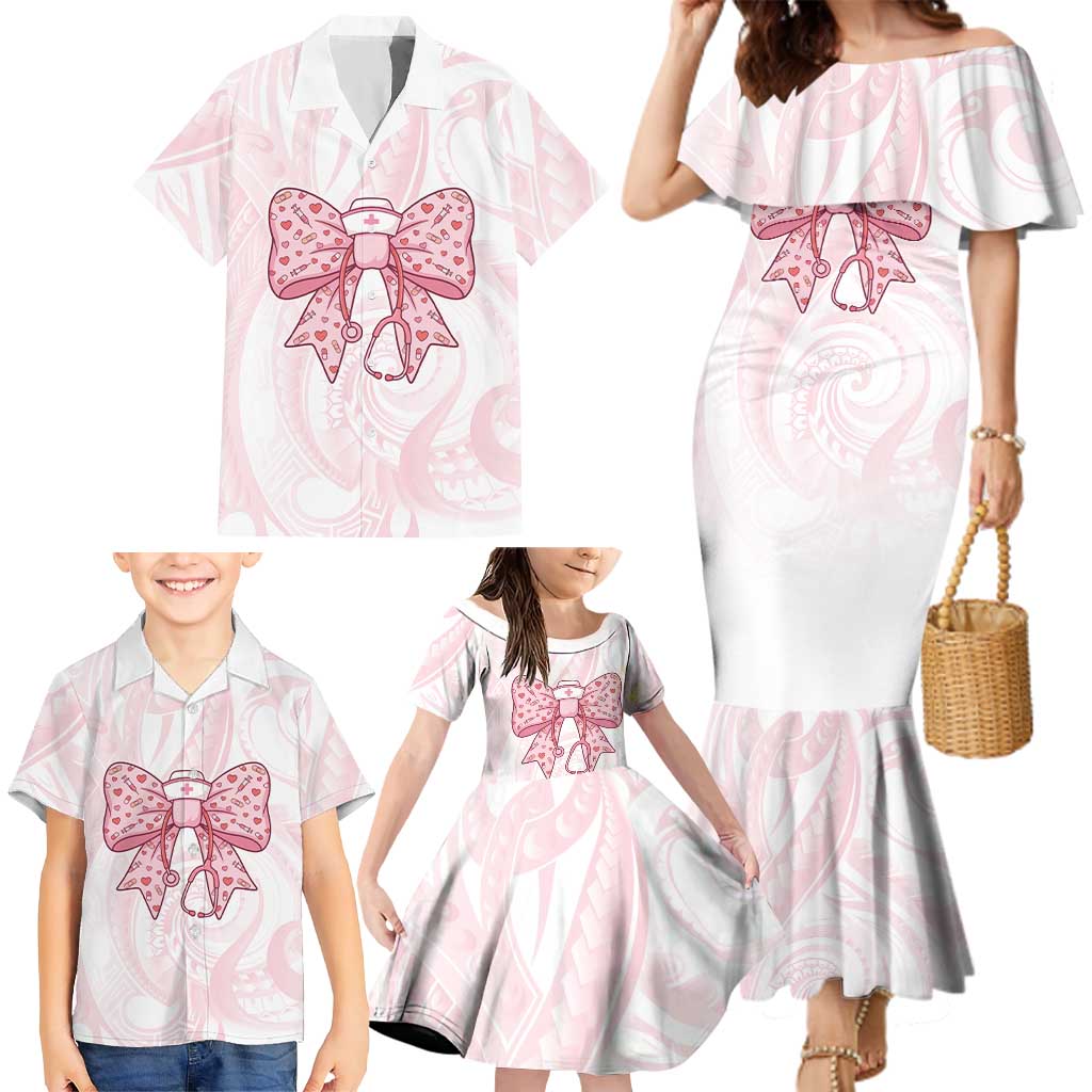 New Zealand Nurses RN Personalised Family Matching Mermaid Dress and Hawaiian Shirt Pink Stethoscope Coquette Bow Maori Motif