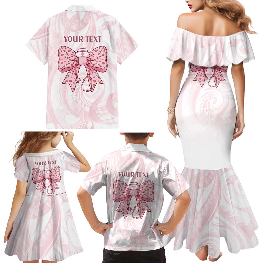 New Zealand Nurses RN Personalised Family Matching Mermaid Dress and Hawaiian Shirt Pink Stethoscope Coquette Bow Maori Motif
