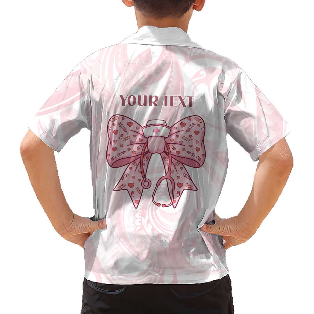 New Zealand Nurses RN Personalised Family Matching Off Shoulder Short Dress and Hawaiian Shirt Pink Stethoscope Coquette Bow Maori Motif