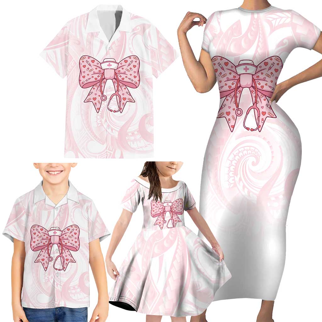 New Zealand Nurses RN Personalised Family Matching Short Sleeve Bodycon Dress and Hawaiian Shirt Pink Stethoscope Coquette Bow Maori Motif