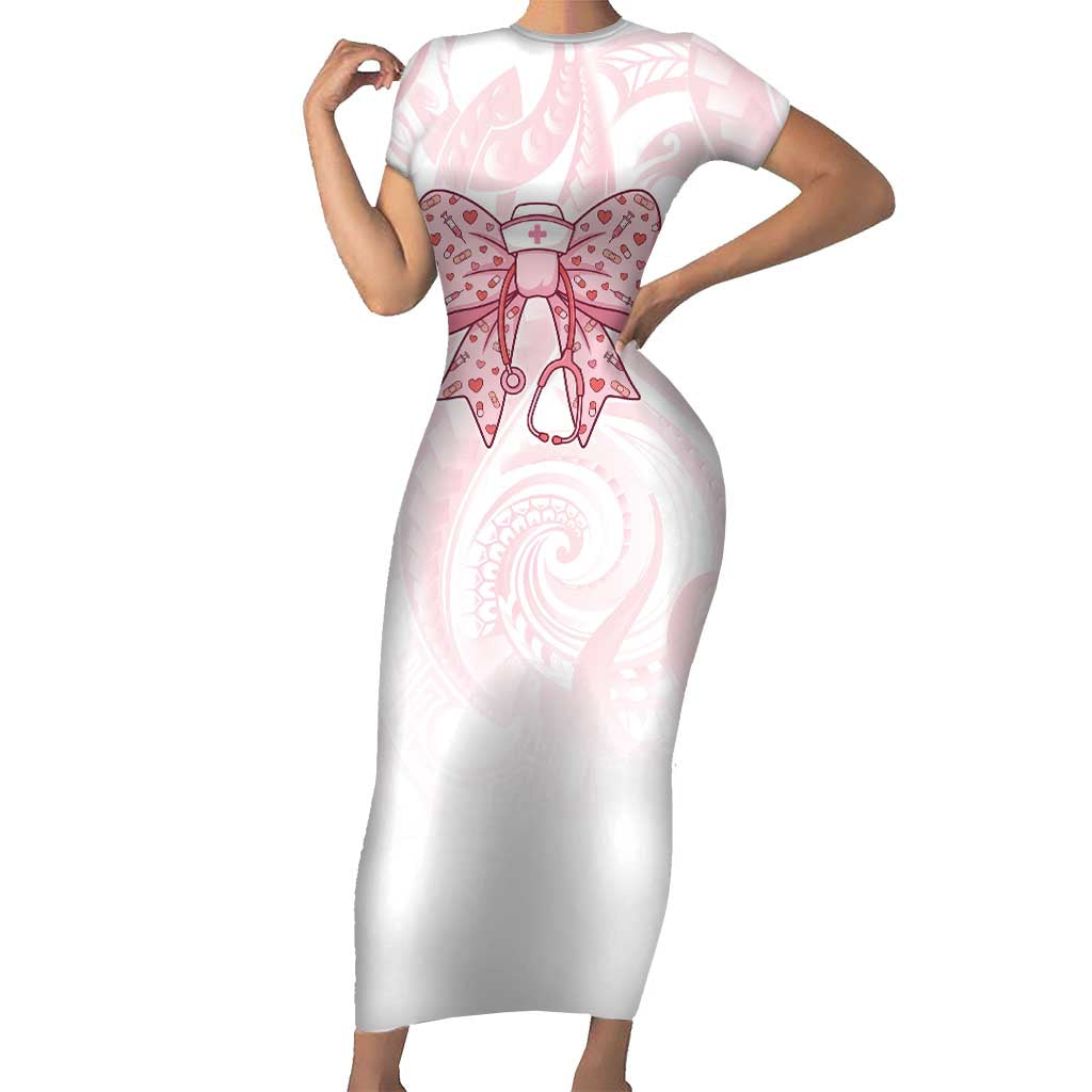 New Zealand Nurses RN Personalised Family Matching Short Sleeve Bodycon Dress and Hawaiian Shirt Pink Stethoscope Coquette Bow Maori Motif