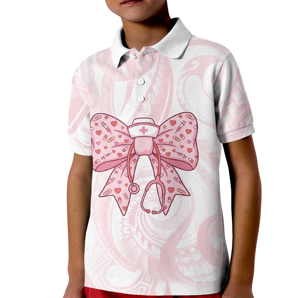New Zealand Nurses RN Personalised Kid Polo Shirt Pink Stethoscope Coquette Bow Maori Motif