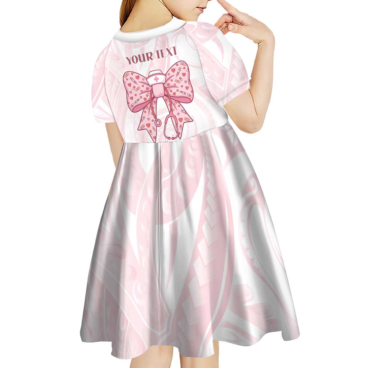 New Zealand Nurses RN Personalised Kid Short Sleeve Dress Pink Stethoscope Coquette Bow Maori Motif