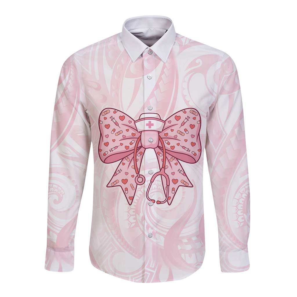 New Zealand Nurses RN Personalised Long Sleeve Button Shirt Pink Stethoscope Coquette Bow Maori Motif LT9 Unisex Pink - Polynesian Pride