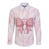 New Zealand Nurses RN Personalised Long Sleeve Button Shirt Pink Stethoscope Coquette Bow Maori Motif LT9 Unisex Pink - Polynesian Pride