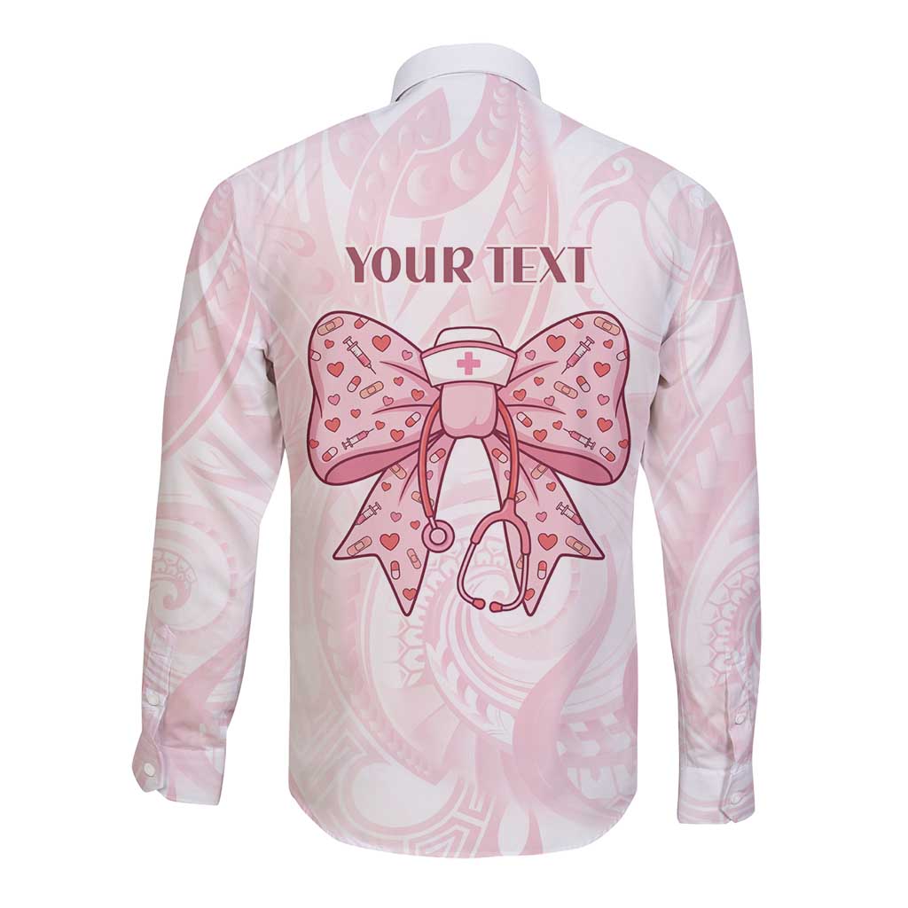 New Zealand Nurses RN Personalised Long Sleeve Button Shirt Pink Stethoscope Coquette Bow Maori Motif LT9 - Polynesian Pride