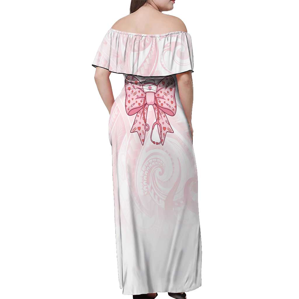 New Zealand Nurses RN Personalised Off Shoulder Maxi Dress Pink Stethoscope Coquette Bow Maori Motif
