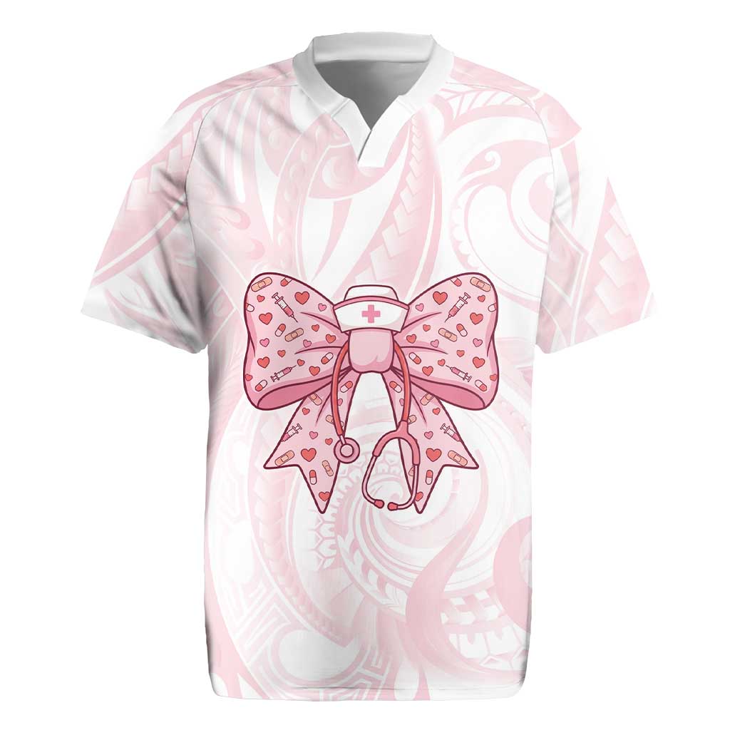 New Zealand Nurses RN Personalised Rugby Jersey Pink Stethoscope Coquette Bow Maori Motif LT9 Pink - Polynesian Pride