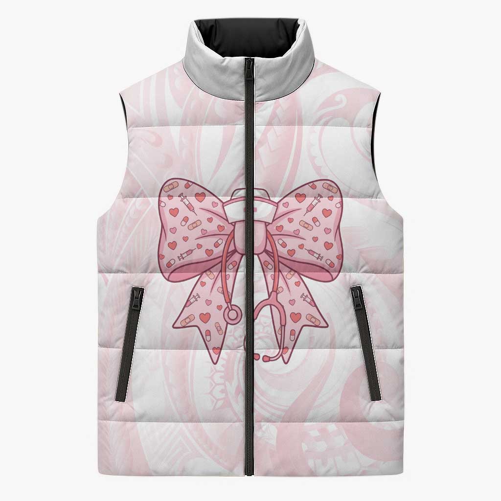 New Zealand Nurses RN Personalised Sleeveless Puffer Jacket Pink Stethoscope Coquette Bow Maori Motif