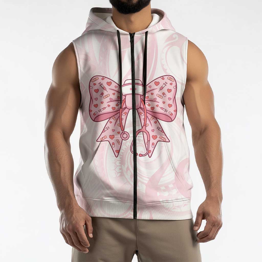 New Zealand Nurses RN Personalised Sleeveless Zip Hoodie Pink Stethoscope Coquette Bow Maori Motif