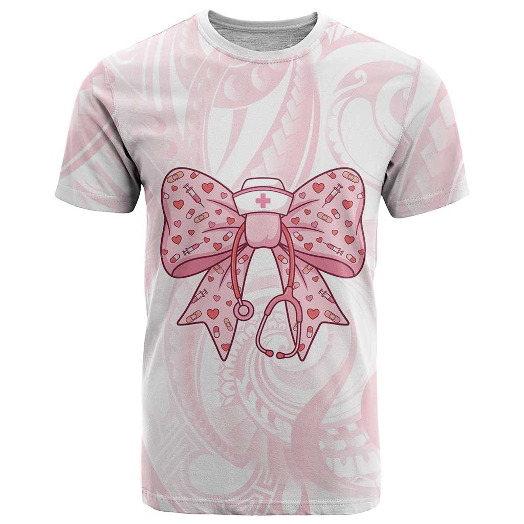 New Zealand Nurses RN Personalised T Shirt Pink Stethoscope Coquette Bow Maori Motif LT9 Pink - Polynesian Pride