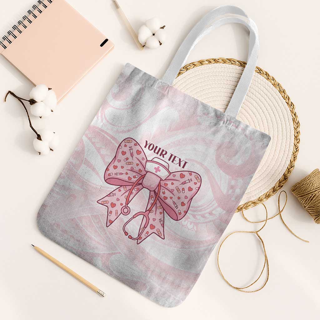 New Zealand Nurses RN Personalised Tote Bag Pink Stethoscope Coquette Bow Maori Motif LT9 White Strap One Size Pink - Polynesian Pride