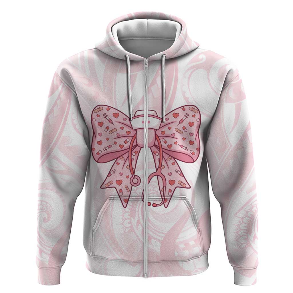New Zealand Nurses RN Personalised Zip Hoodie Pink Stethoscope Coquette Bow Maori Motif