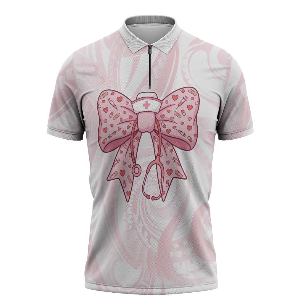 New Zealand Nurses RN Personalised Zipper Polo Shirt Pink Stethoscope Coquette Bow Maori Motif