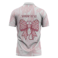 New Zealand Nurses RN Personalised Zipper Polo Shirt Pink Stethoscope Coquette Bow Maori Motif