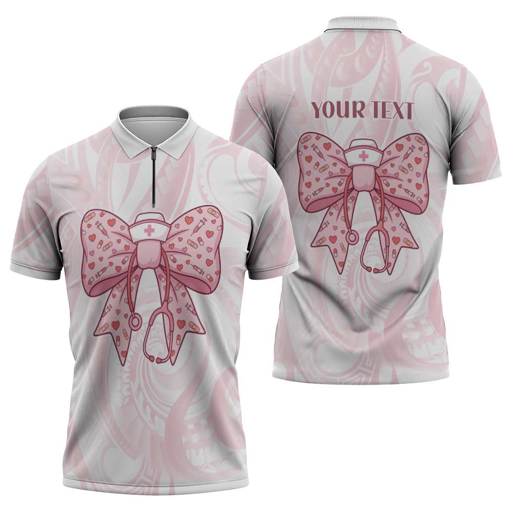New Zealand Nurses RN Personalised Zipper Polo Shirt Pink Stethoscope Coquette Bow Maori Motif