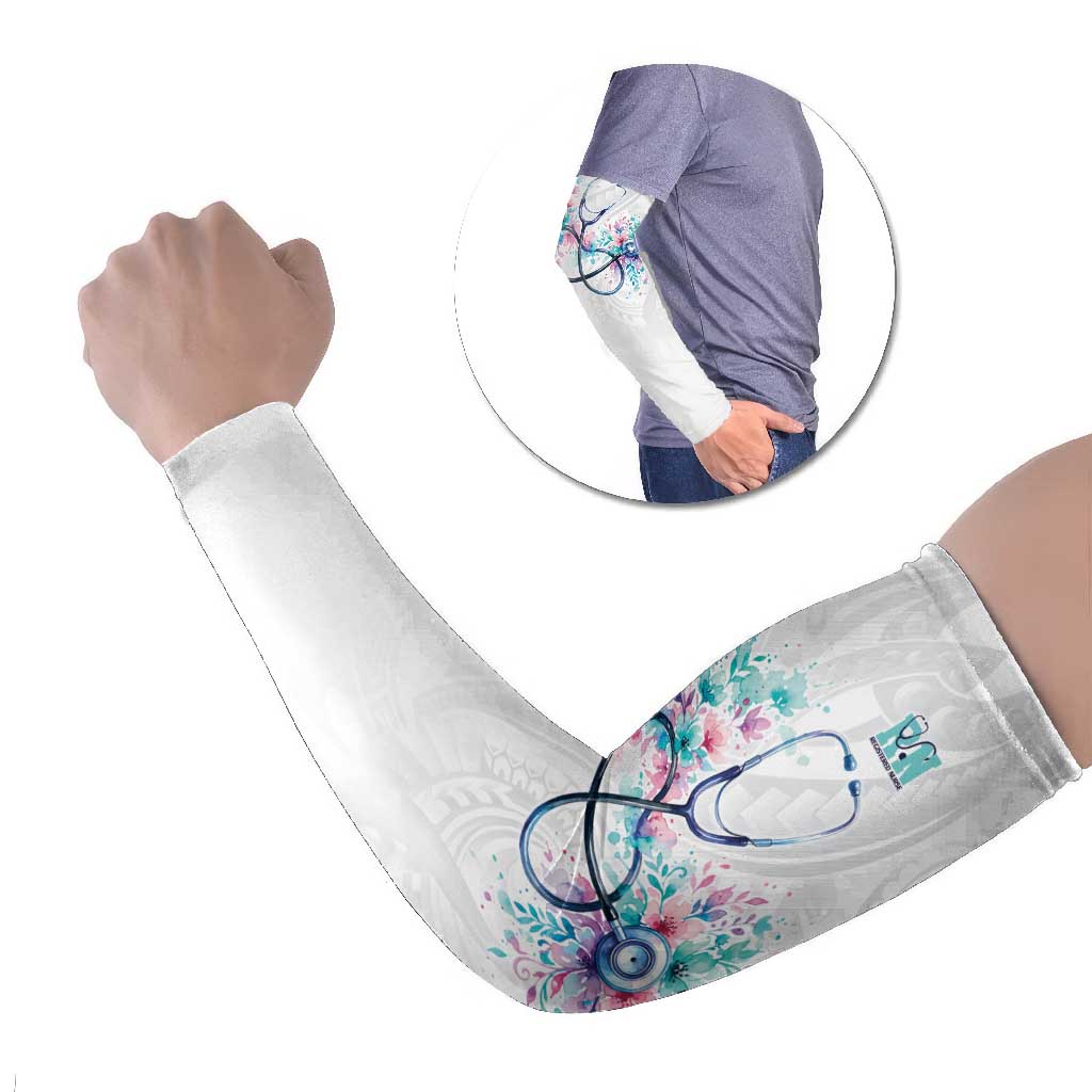 New Zealand Nurses RN Personalised Arm Sleeves Stethoscope Floral Maori Motif LT9 Set of 2 White - Polynesian Pride