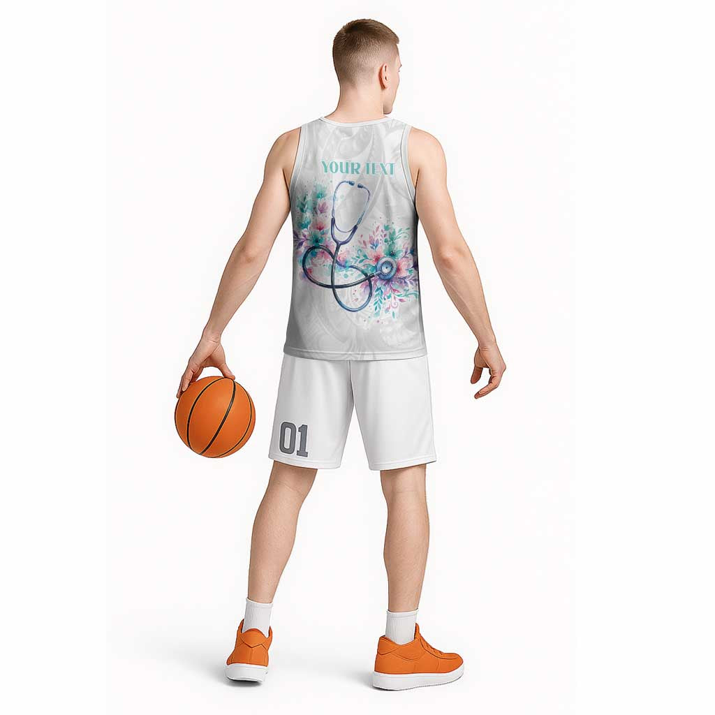 New Zealand Nurses RN Personalised Basketball Jersey Stethoscope Floral Maori Motif