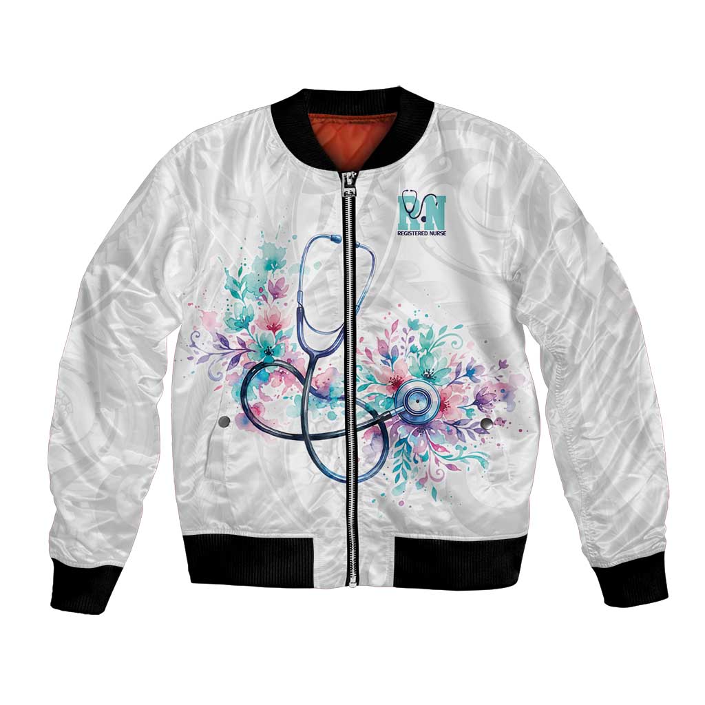 New Zealand Nurses RN Personalised Bomber Jacket Stethoscope Floral Maori Motif LT9 Unisex White - Polynesian Pride