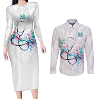 New Zealand Nurses RN Personalised Couples Matching Long Sleeve Bodycon Dress and Long Sleeve Button Shirt Stethoscope Floral Maori Motif