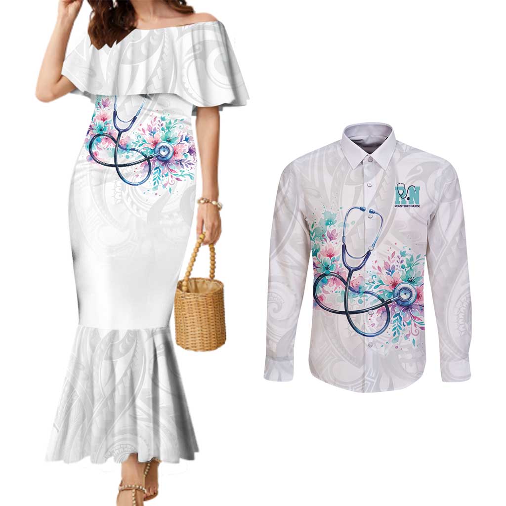 New Zealand Nurses RN Personalised Couples Matching Mermaid Dress and Long Sleeve Button Shirt Stethoscope Floral Maori Motif