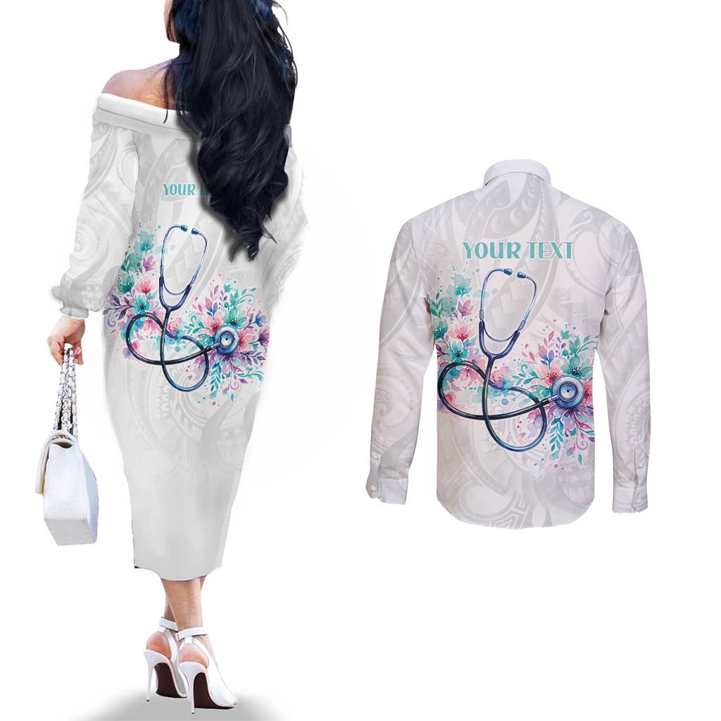 New Zealand Nurses RN Personalised Couples Matching Off The Shoulder Long Sleeve Dress and Long Sleeve Button Shirt Stethoscope Floral Maori Motif