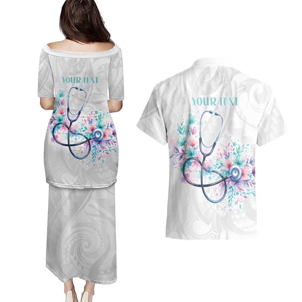 New Zealand Nurses RN Personalised Couples Matching Puletasi and Hawaiian Shirt Stethoscope Floral Maori Motif