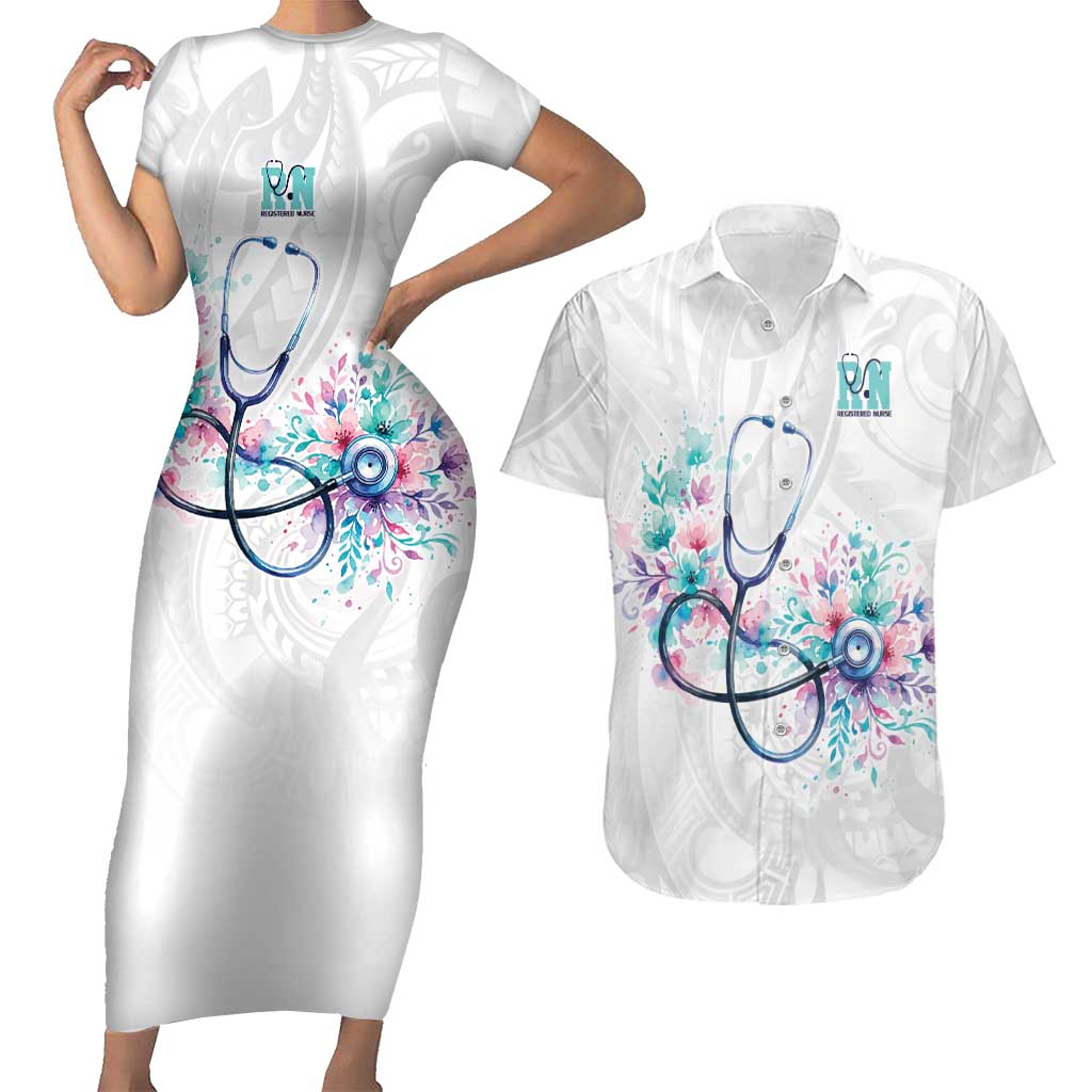 New Zealand Nurses RN Personalised Couples Matching Short Sleeve Bodycon Dress and Hawaiian Shirt Stethoscope Floral Maori Motif