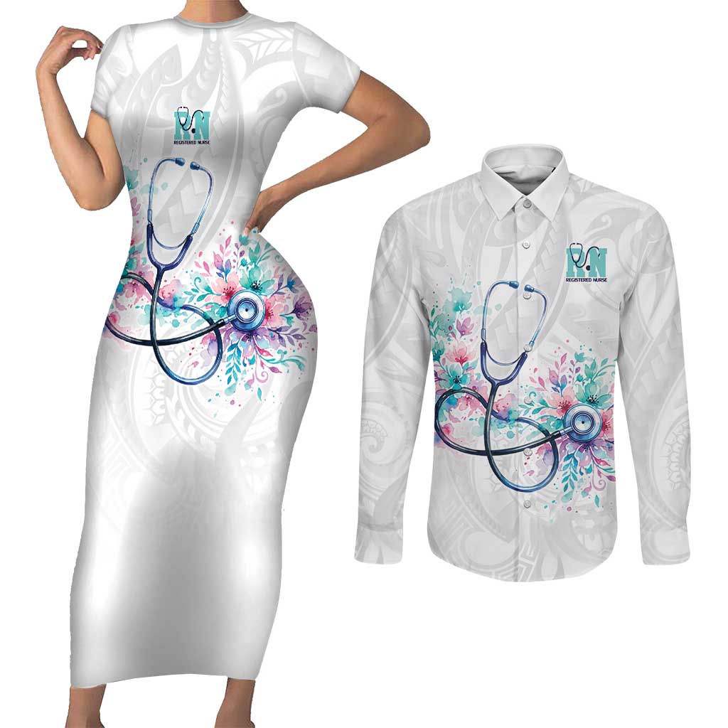 New Zealand Nurses RN Personalised Couples Matching Short Sleeve Bodycon Dress and Long Sleeve Button Shirt Stethoscope Floral Maori Motif