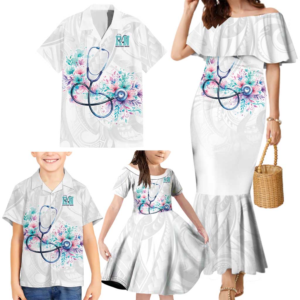 New Zealand Nurses RN Personalised Family Matching Mermaid Dress and Hawaiian Shirt Stethoscope Floral Maori Motif LT9 - Polynesian Pride