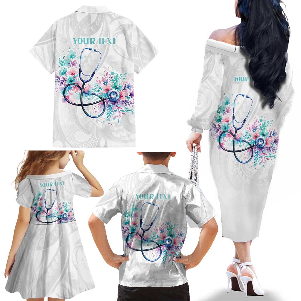 New Zealand Nurses RN Personalised Family Matching Off The Shoulder Long Sleeve Dress and Hawaiian Shirt Stethoscope Floral Maori Motif LT9 - Polynesian Pride