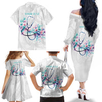 New Zealand Nurses RN Personalised Family Matching Off The Shoulder Long Sleeve Dress and Hawaiian Shirt Stethoscope Floral Maori Motif LT9 - Polynesian Pride