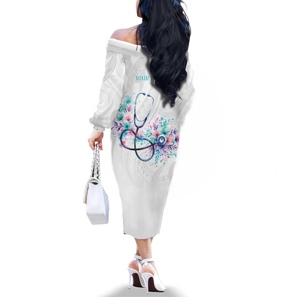 New Zealand Nurses RN Personalised Family Matching Off The Shoulder Long Sleeve Dress and Hawaiian Shirt Stethoscope Floral Maori Motif LT9 - Polynesian Pride