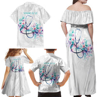 New Zealand Nurses RN Personalised Family Matching Off Shoulder Maxi Dress and Hawaiian Shirt Stethoscope Floral Maori Motif