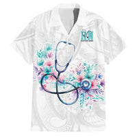 New Zealand Nurses RN Personalised Family Matching Summer Maxi Dress and Hawaiian Shirt Stethoscope Floral Maori Motif LT9 Dad's Shirt - Short Sleeve White - Polynesian Pride