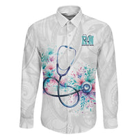 New Zealand Nurses RN Personalised Family Matching Summer Maxi Dress and Hawaiian Shirt Stethoscope Floral Maori Motif LT9 Dad's Shirt - Long Sleeve White - Polynesian Pride
